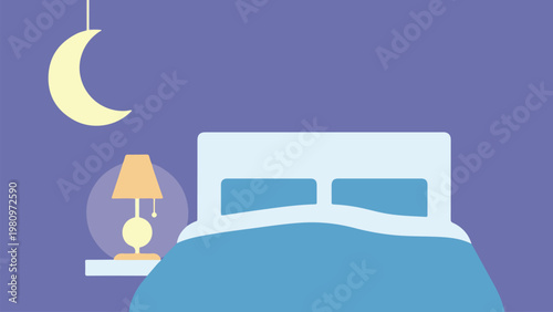 The bedroom features a blue background at night from pexels.