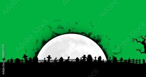 Animation of flames over moon and halloween cemetery on white background