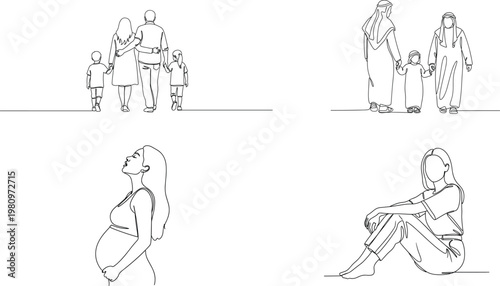 Continuous Line Art Bundle – Family Walking, Arab Family, Pregnant Woman and Sitting Female Minimal One Line Drawing Vector Set