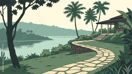 Landscape architecture and urban park collection, scenic views of gardens, riverside promenades, and city green spaces, vector