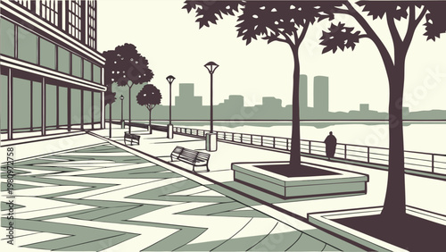 Landscape architecture and urban park collection, scenic views of gardens, riverside promenades, and city green spaces, vector