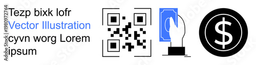 Digital payments, cashless economy, QR scanning, financial technology, online shopping, mobile banking. A QR code, a hand scanning and a dollar sign . Digital payments and financial technology