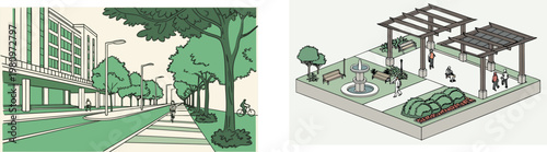 Landscape architecture and urban park collection, scenic views of gardens, riverside promenades, and city green spaces, vector