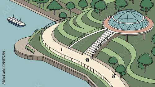 Landscape architecture and urban park collection, scenic views of gardens, riverside promenades, and city green spaces, vector