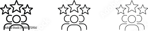 Customer review line icons with stars and people, set of three user rating symbols, black outline feedback and testimonial vector graphics