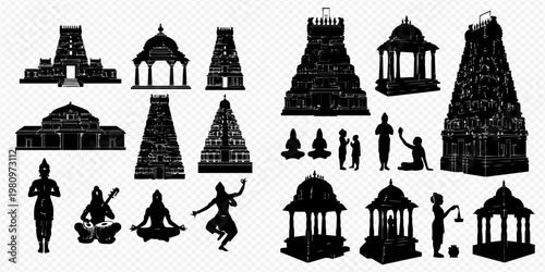 Collection of Indian temple silhouettes and traditional figures in black, representing culture and religion.