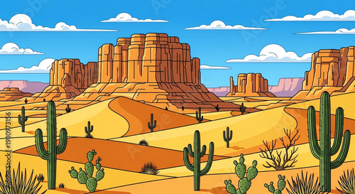 Desert Landscape Cacti Mesas Sand Dunes Cartoon Vector