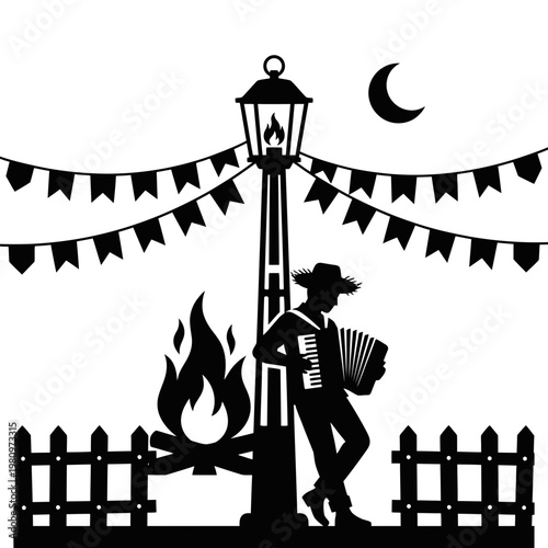 Accordion player dancing beside couple at Sao Joao bonfire