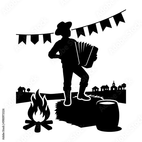 Accordion player on rustic log at Sao Joao village festival