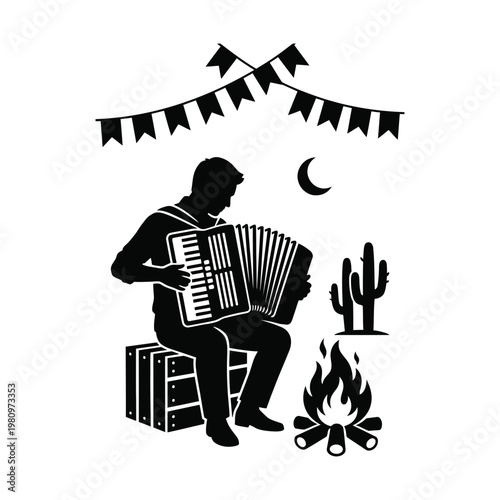 Seated accordion musician by bonfire at Sao Joao night