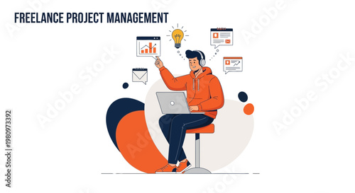 Freelance Project Management: Man Working Remotely with Laptop and Ideas
