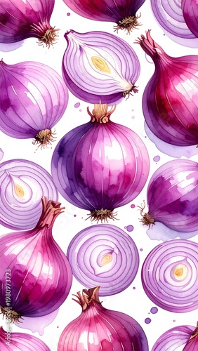 Watercolor style purple onion pattern, whole and sliced, against a white backdrop