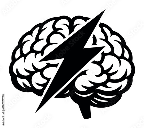 Human brain with a lightning strike over it, symbolizing a burst of ideas, rapid thought, innovation, and intense mental activity