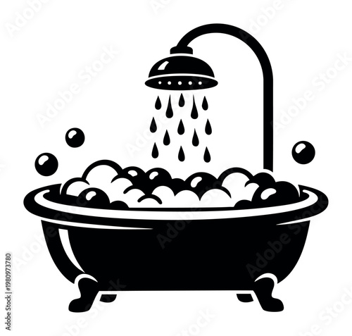 Soapy bathtub with shower pouring water, representing cleanliness, bathing, personal care routine, and domestic life icon