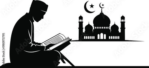 A silhouette of a man praying with an open book and a mosque in the background representing islamic faith and devotion