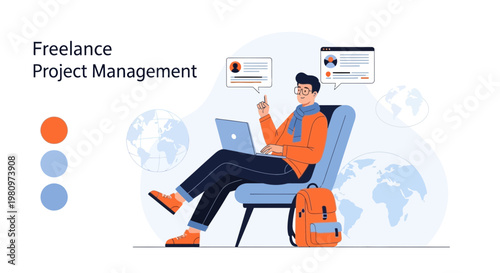 Freelance Project Management: Man working remotely with laptop and backpack