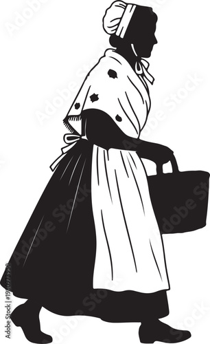 Silhouette of a woman in 1800s poor fashion, wearing a bonnet and apron, carrying a basket, walking right.