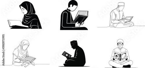 Six monochrome illustrations depict individuals deeply engrossed in reading books showcasing a quiet and contemplative atmosphere