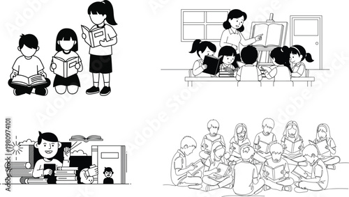 Vintage black and white illustration depicting children in various classroom settings showcasing early 20th century education