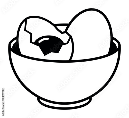 Raw eggs in a mixing bowl, one cracked with visible yolk, representing cooking, baking, and healthy breakfast ingredients