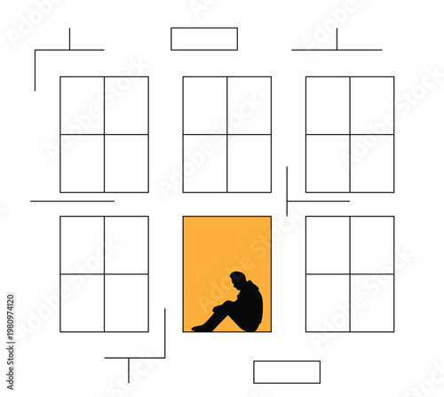 Lonely Depressed and Sad Man on a Window Sill Lit Up Line Art. People in bad mood and state of mind, psychology concept