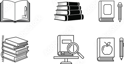 Vintage sketchbook icons books diaries and writing tools in a hand drawn style