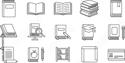 Collection of line art book icons diverse representations of literature and knowledge in a minimalist style