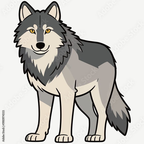 Cartoon Gray Wolf Illustration with Yellow Eyes
