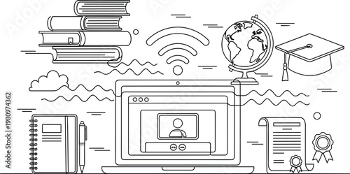 Educational icons and symbols a sketch representing learning technology and academic achievement in a detailed illustration