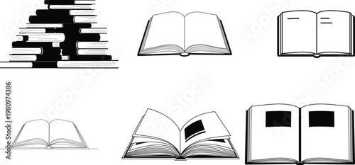 A collection of black and white book illustrations depicting various stages of opening and stacking symbolizing knowledge and learning