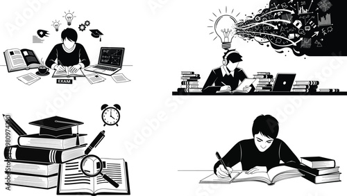 Vintage academic illustration a collage depicting scholarly pursuits learning and the pursuit of knowledge in black and white