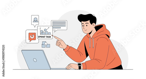 Man working on laptop, managing sprint tasks and project analytics with digital interface