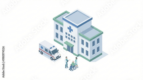 Hospital Building with Ambulance and People.