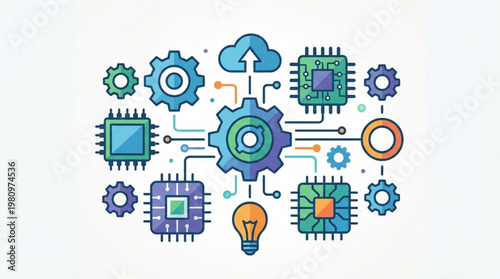 Colorful gear and microchip technology.