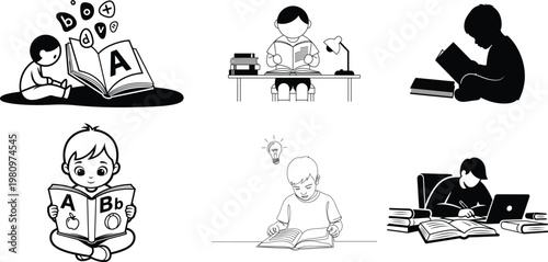 Black and white illustration depicting various scenes of learning reading and studying with children and animals