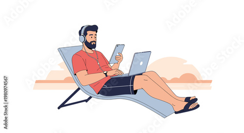 Man Working Remotely on Beach Chair with Laptop, Tablet, and Headphones