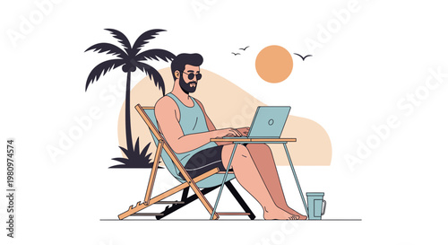 Man Working Remotely on Laptop at Tropical Beach with Palm Tree and Sun