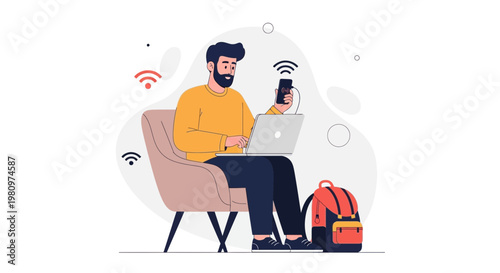 Man working remotely with laptop and phone, connected by Wi-Fi