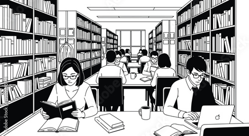 A black and white illustration depicts a quiet library scene with students studying at tables and bookshelves lining the walls