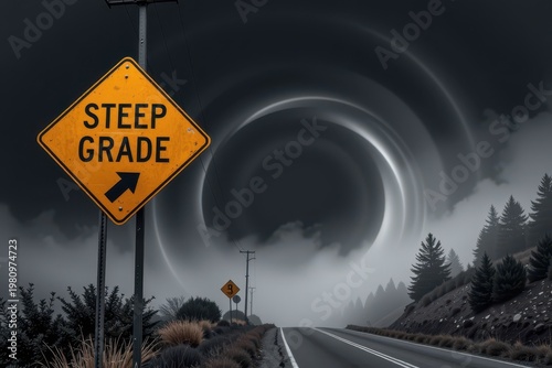 Road with Steep Grade sign under swirling vortex sky