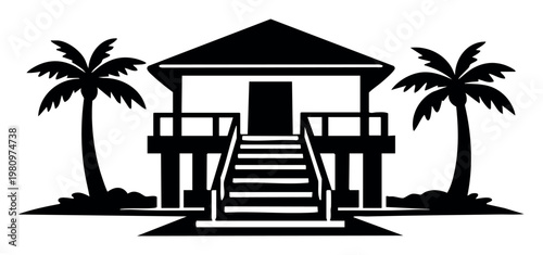 Icon of a tropical bungalow on stilts surrounded by palm trees, symbolizing a relaxing summer retreat by the beach