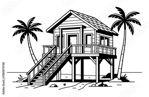 Beach hut on stilts standing on the sand with curving palm trees, depicting a serene tropical getaway and summer relaxation