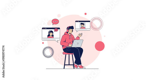 Online Communication: Person with Laptop and Video Calls, Remote Work Concept