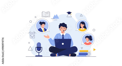 Online Education Concept: Teacher with Laptop, Microphone, and Students in Virtual Classroom