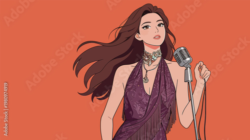 Stylish Woman Singing with Vintage Microphone