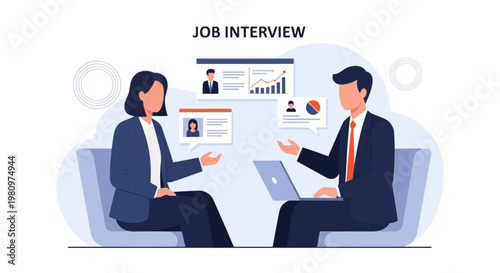 Job Interview: Candidate and Recruiter Discussing Career Opportunities with Laptop and Charts
