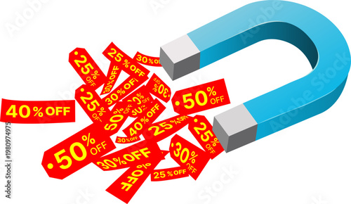 Blue magnet attracting red discount sale price tags with percent off labels, perfect for shopping, retail, marketing, promotion, or sale themed graphic and print designs.