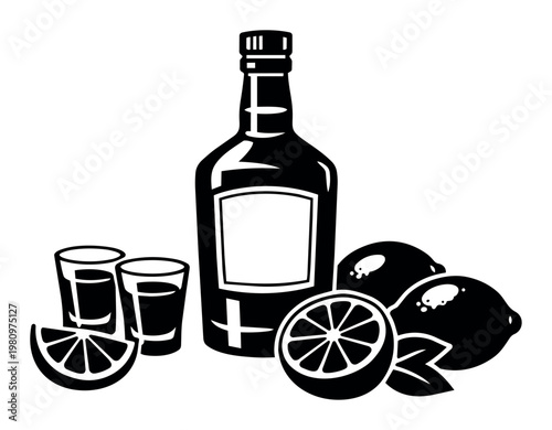 Agave spirit bottle standing with multiple shot glasses and fresh citrus limes, preparing a popular party drink