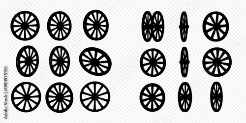 Set of black wooden wagon wheels in various angles and perspectives, isolated on a transparent background.