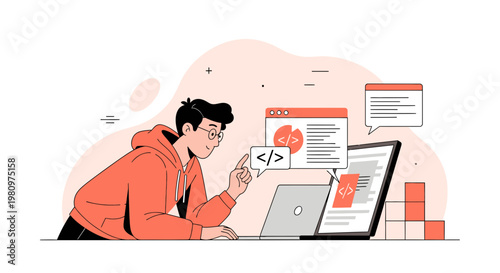 Programmer coding on laptop, analyzing data, software development concept